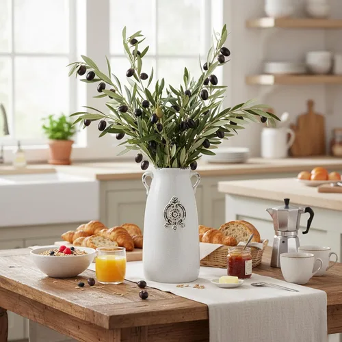 Miniatura 2 de MyGift Jarrón de cerámica blanca con mango y diseño de sello en relieve, jarrón antiguo en forma de jarra de flores de mesa Blanquecino