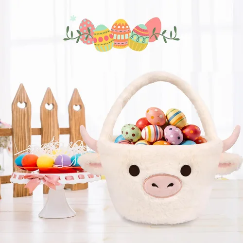 Miniatura 4 de Cesta de Pascua - Cestas de felpa de vaca blanca de Pascua para niños, suaves y vacías para caza de huevos con asa, lindas decoraciones de dulces