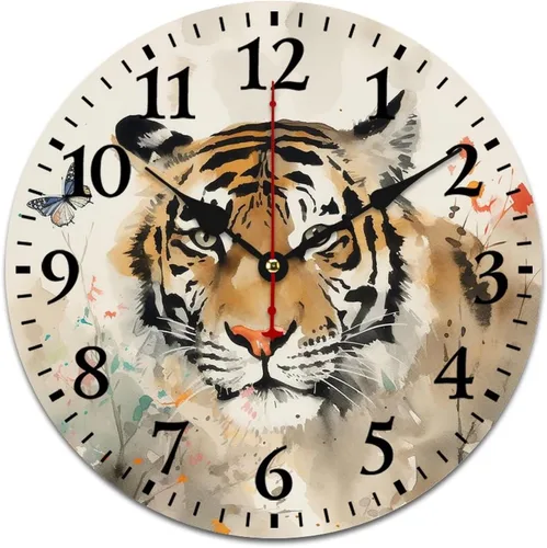 Miniatura 18 de Reloj de pared de madera de 12 pulgadas, reloj de pared de tigre majestuoso, movimiento de cuarzo, rayas de números arábigos, animales, vida Patrón 8