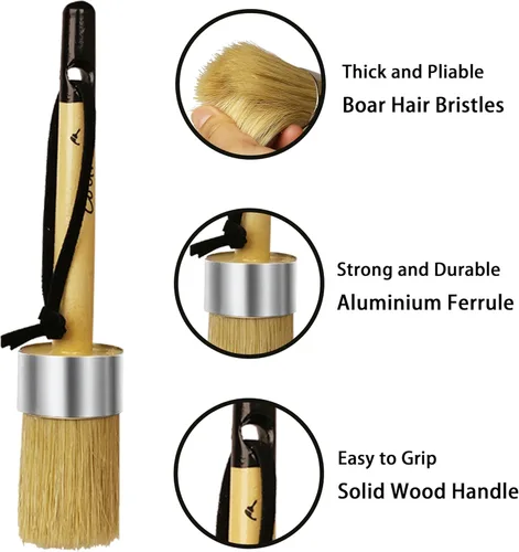 Miniatura 3 de Pinceles de pintura de tiza para muebles, 2 piezas de cerdas de pelo de jabalí redondas/planas para pintura de cera, adecuados para pintura de tiza