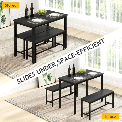 Miniatura 3 de Rovibek Juego de mesa de comedor para 4 personas con 2 bancos, juego de mesa de cocina que ahorra espacio para cocina y comedor, color negro