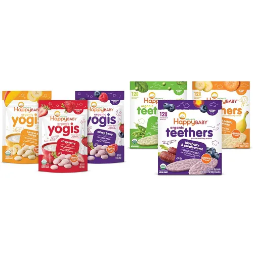 Happy Baby Organics Yogis - Bocadillos liofilizados de yogur y frutas, paquete variado de 3 sabores, 1 onza (paquete de 3) y mordedor Happy Baby