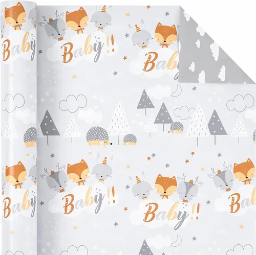 Miniatura 3 de WRAPAHOLIC Papel de regalo reversible para baby shower, mini rollo, 17 pulgadas x 33 pies, diseño de animales grises neutros, baby shower, Baby