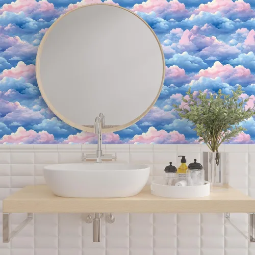 Miniatura 3 de VaryStyle Papel Tapiz Estético de Nubes Azul Brillante/Rosa Cielo Papel Tapiz Despegar y Pegar Papel de Contacto para Paredes Guardería 17.7"×118
