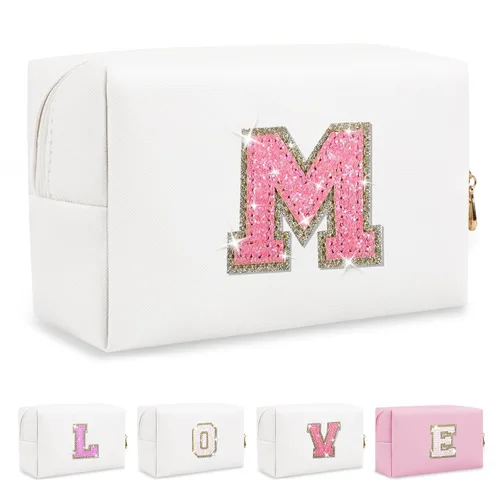 Miniatura 335 de Pequeña bolsa de maquillaje personalizada con inicial A-Z Preppy Patch, bolsa de cosméticos de viaje de felpilla blanca con cremallera, bonita bolsa