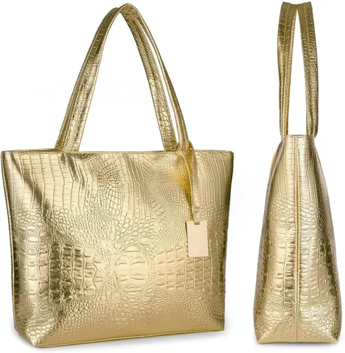 Miniatura 4 de Valentoria Bolso de hombro grande para mujer, bolso de mano, bolso de viaje, elegante, tipo satchel, de cuero sintético con estampado de cocodrilo