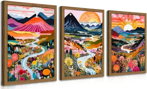 Miniatura 12 de Juego de 3 piezas de arte de pared de montaña colorida boho, pinturas abstractas de paisaje de flores de acuarela, pósters modernos de naturaleza