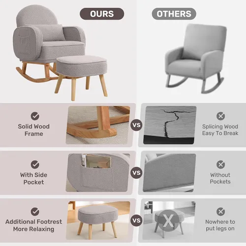 Miniatura 7 de HCHAIRH Mecedora para guardería con otomana, mecedora tapizada con respaldo alto y bolsillo lateral, sillón con patas de madera maciza para Gris