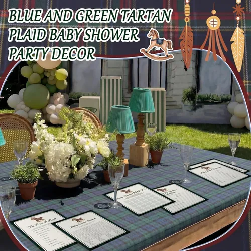 Miniatura 4 de Ctosree 302 piezas de cuadros de tartán verde y azul con estampado de caballo para baby shower, juegos de acuarela para baby shower, 6 juegos, 50