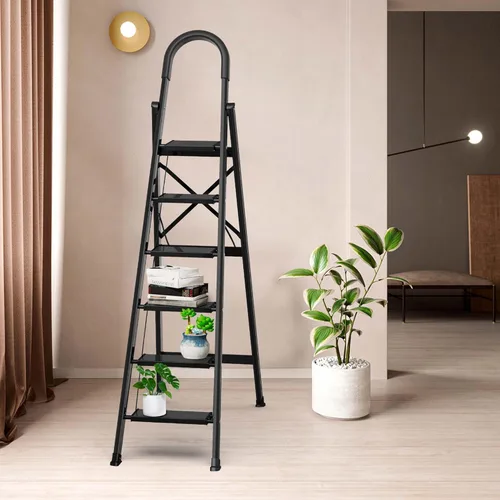 Miniatura 9 de escalera ligera de aluminio, de 6 peldaños, plegable, con peldaños anchos y antideslizante para uso en el hogar y la cocina, ahorra espacio (negro)