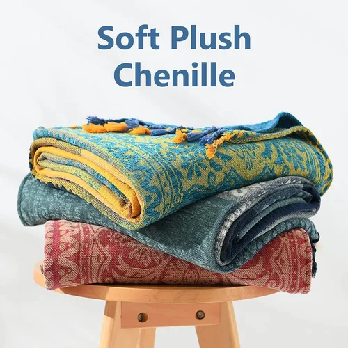 Miniatura 8 de Manta bohemia tejida para sofá, manta jacquard colorida de chenilla más suave, decoración hippie para sofá, silla, 60 x 75 pulgadas, azul marino