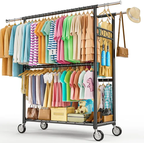 Miniatura 15 de Perchero de ropa resistente con carga de 860 libras, estantes de ropa rodantes de doble barra para colgar ropa, estante de ropa rodante con estantes