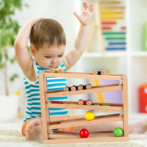 Miniatura 2 de Qilay Juguete de carreras de madera para niños pequeños, juego de rampa de coche de carreras de 5 niveles incluye 4 autos de madera y 3 pelotas