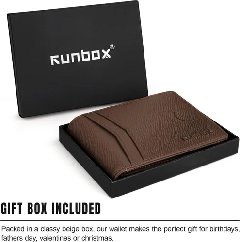 Miniatura 5 de RUNBOX Carteras de los hombres Slim Rfid Leather 2 ID ventana con caja de regalo, Palm-café