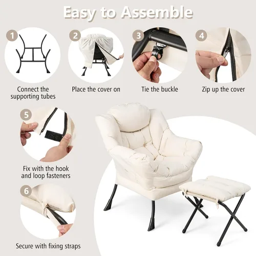 Miniatura 7 de Giantex Silla perezosa con otomana, sofá decorativo con reposapiés plegable, bolsillo de almacenamiento lateral, sillón tapizado de ocio con Beige