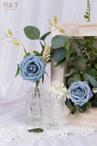Miniatura 176 de N&T NIETING Flores artificiales, rosas artificiales de color rosa intenso, 50 piezas de flores falsas con tallo para ramos de boda DIY, centros