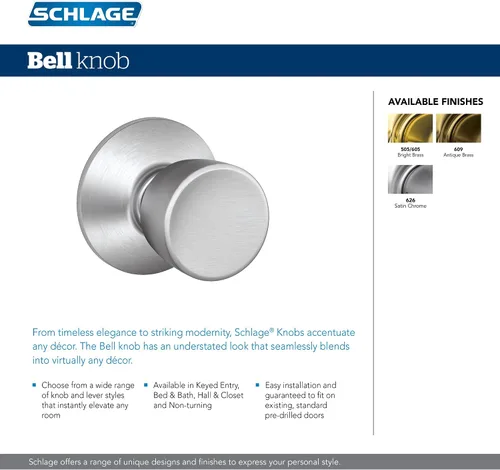 Miniatura 3 de Schlage F40 V BEL 605 - Pomo de puerta de campana, cerradura de privacidad para cama y baño, latón brillante