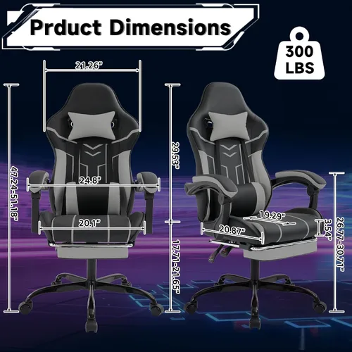 Miniatura 2 de Silla de juegos con reposapiés, silla de oficina ergonómica con soporte lumbar de masaje, silla de computadora de respaldo alto para adultos, sillas
