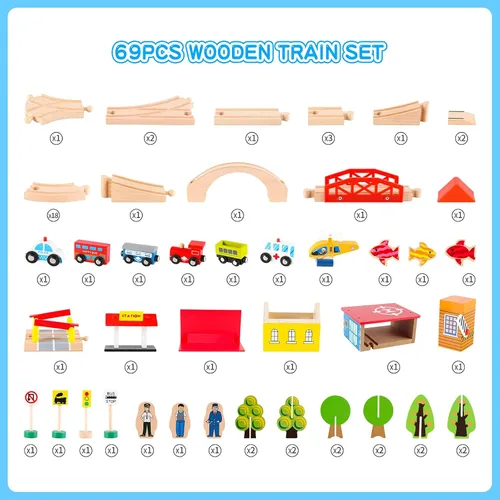 Miniatura 6 de Qilay Juego de trenes de madera de 69 piezas, pistas y trenes de madera de primera calidad para niños pequeños de 3, 4 y 5 años, juguetes de tren