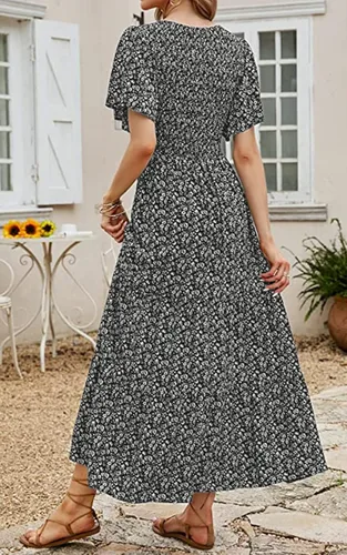 Miniatura 8 de PRETTYGARDEN - Vestido largo casual de verano para mujer, manga corta acampanada, bohemio, floral, cuello redondo, vestido blusón, escalonado
