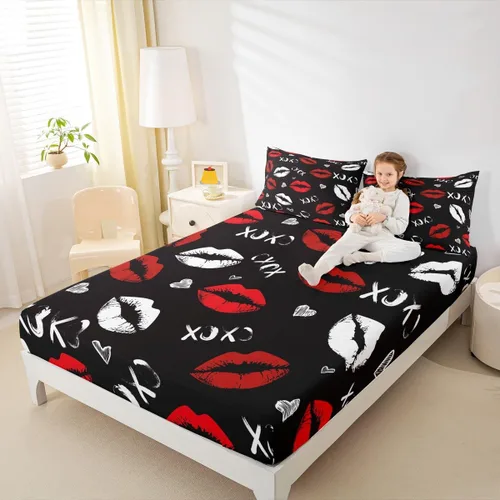 Miniatura 6 de Juego de sábanas bajeras de labios rojos femeninos para niñas y mujeres, juego de sábanas con estampado de lápiz labial blanco, juego de sábanas