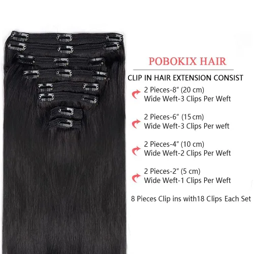 Miniatura 2 de Extensiones de cabello humano real con clip, 8 unidades, cabello humano Remy liso de seda suave natural, 4.23 oz, 20 pulgadas, negro natural #1B, 8