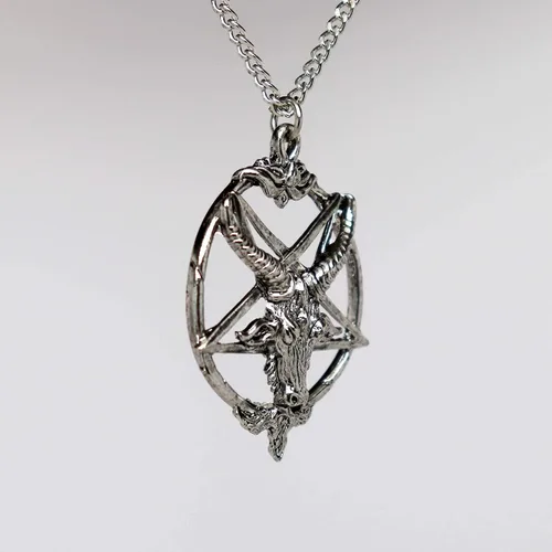 Miniatura 4 de Baphomet - Collar con colgante de cabeza de cabra de peltre con acabado plateado con pentáculo invertido, Metal