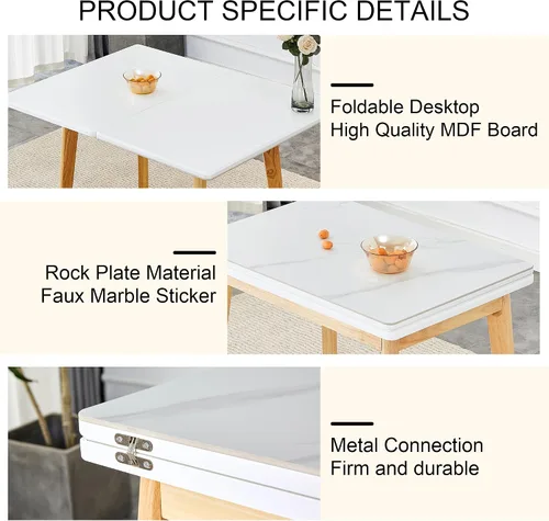 Miniatura 7 de Mesa de piedra sinterizada blanca con patas de madera de goma, escritorio plegable para computadora, escritorio de oficina plegable, adecuado
