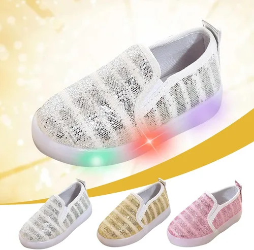Miniatura 5 de POLG Mocasines con lentejuelas iluminadas para niña, con luces LED, zapatos de lona casuales planos (bebéniño pequeño) (dorado, 5.5 años)