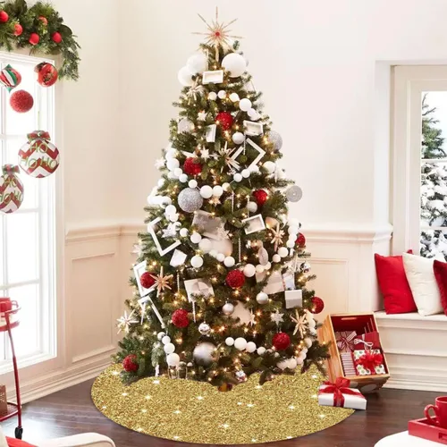 Miniatura 6 de Faldón para árbol de Navidad con lentejuelas doradas brillantes de 21 pulgadas, faldón de terciopelo con lentejuelas para árboles delgados, collar