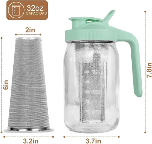 Miniatura 6 de Máquina para café de filtro frío, jarra de albañil de 32 onzas con filtro de acero inoxidable, tapa con asa de salida, vidrio resistente hermético