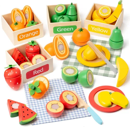 Juegos de comida de madera para niños, accesorios de cocina, juego de corte de frutas y verduras con velcro para niños, comida de juego para niños