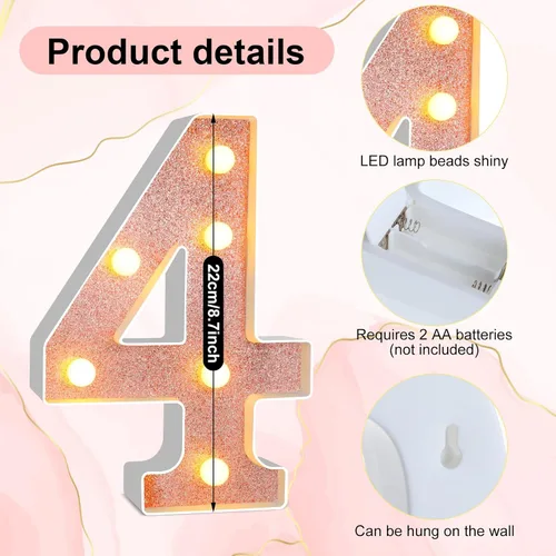 Miniatura 3 de Treela Números LED de 8.7" de cumpleaños decorativos con luz, letrero de números de marquesina de purpurina para decoraciones de fiesta de Oro rosa