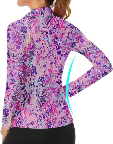Miniatura 125 de WOWENY Camiseta deportiva de manga larga para mujer, con cremallera de un cuarto, cuello para entrenamiento, camiseta de tenis con estampado