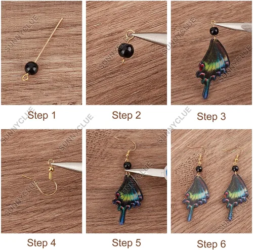 Miniatura 4 de SUNNYCLUE 1 caja, 10 pares de aretes de mariposa, kit de iniciación para hacer dijes, alas de primavera, dijes de estrella y luna, cuentas