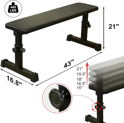 Miniatura 6 de Banco de pesas para entrenamiento de fuerza, prensa de banco plano, 5 niveles ajustables de 43.3 pulgadas de largo, bancos de entrenamiento