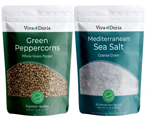 Viva Doria Granos de pimienta verde, pimienta verde entera, esterilizado al vapor, 12 onzas y sal marina mediterránea, grano grueso, 2 libras para