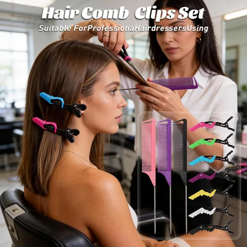 Miniatura 3 de Peines de cola de rata y separación con clips de peinado: 3 peines de metal para trenzas, 7 pinzas profesionales para seccionamiento