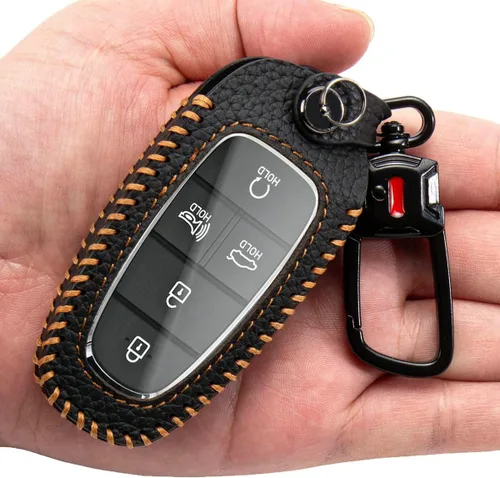Funda para llavero con llavero de cuero compatible con Hyundai Sonata, Santa Fe, Tucson NX4 Palisade 2020-2024, protector remoto (negro)