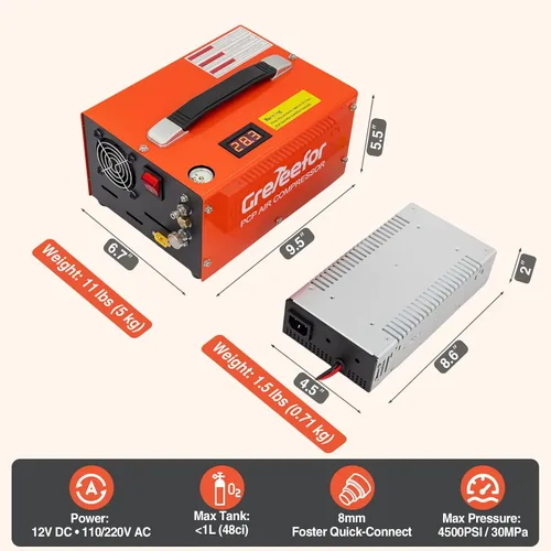 Miniatura 7 de Compresor de aire PCP, 4500 PSI / 30 MPa, auto de doble potencia 12 V CC o hogar 110 V/220 V CA, mango retráctil, sin agua/aceite