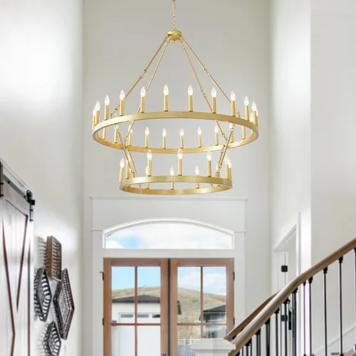 Miniatura 6 de EGM Candelabro dorado de 48 pulgadas con rueda de carro de 2 niveles, 36 luces grandes de color dorado cepillado estilo granja, lámparas de techo