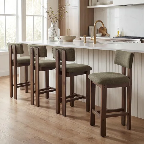 Miniatura 7 de DUOMAY 26 Inch Modern Bar Stools Set of 2, Linen Farmhouse Counter Stools Wooden Barstools, Green Upholstered Counter Height Bar Stools with Curved