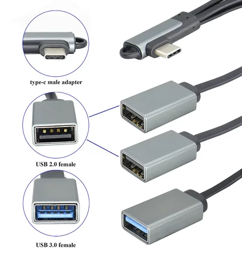 Miniatura 3 de Ángulo recto tipo C 3.0 macho a 1 USB 3.0 A hembra+2 USB 2.0 A hembra OTG Cable USB C a USB A de 90 grados de datos y carga OTG Cable divisor
