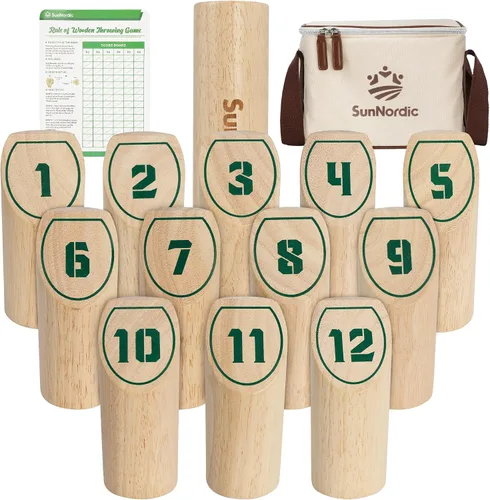 SunNordic Wooden Throwing Game Set, Numbered Block Toss Games with 1 x Scoreboard,12 x Premium Rubber Wood Pins & 1 x Dowel, Outdoor Backyard Lawn