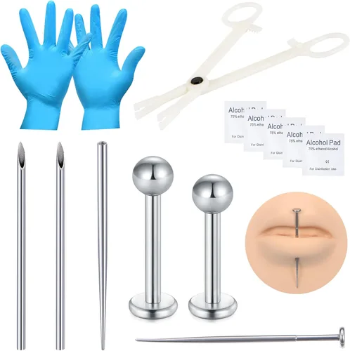 DJCIW Kit de Perforación con Agujas Desechables 12G 14G 16G 18G, Pinzas, Dilatador para Ombligo, Nariz, Tabique, Pezón, Lengua, Ceja, Labio Kit de