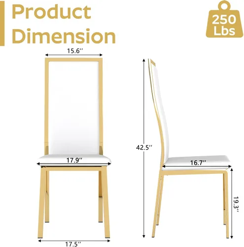 Miniatura 2 de Juego de 4 sillas de comedor modernas, de piel sintética blanca con patas de metal cromado dorado, diseño de respaldo alto curvo y acolchado