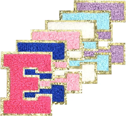 Miniatura 12 de 6 piezas de parches de letras de chenilla autoadhesivas con purpurina para planchar, parches de letras universitarias estilo preppy, letras difusas