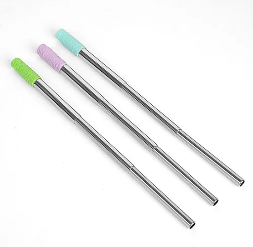 Miniatura 3 de Paquete de 3 pajitas plegables reutilizables con punta de silicona, telescópicas portátiles de acero inoxidable reutilizables con funda, cepillo