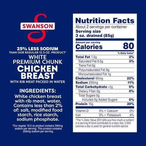 Miniatura 2 de Swanson 25% menos sodio, pechuga de pollo premium en agua enlatada en trozos blancos, lata de 12.5 OZ