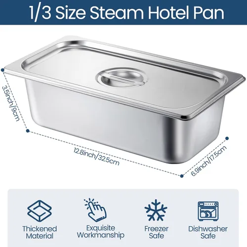 Miniatura 2 de Zubebe Paquete de 16 sartenes de hotel con tapa, mesa de vapor de 4 pulgadas de profundidad, acero inoxidable de 0.035 in de grosor, sartenes